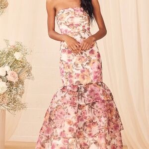 Fleur of Dreams Ivory and Pink Floral Print Organza Maxi Dress